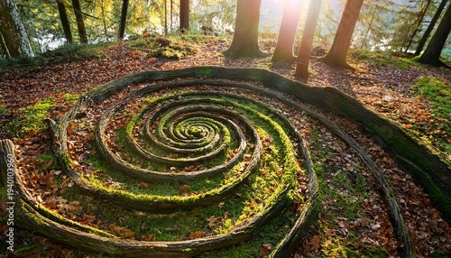 Ephemeral Nature Spiral Constructed On The Woodland Floor Using Carefully Arranged Fallen Leaves Twigs And Moss Under Dappled Autumn Sunlight Artwork Woodland Outdoor