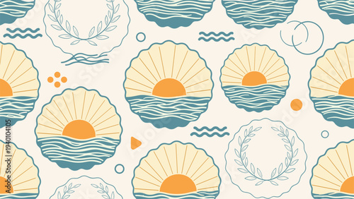 Coastal themed pattern with scalloped seashells containing sunrises over waves and circular laurel wreaths on a cream colored background.