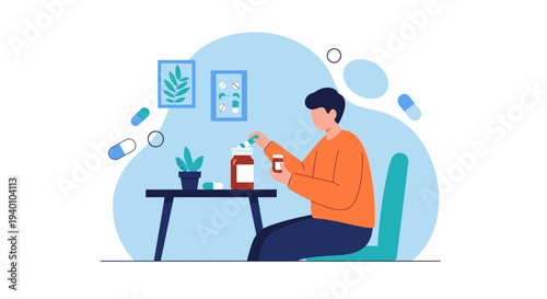 Man taking pills from bottle, health care concept, illustration