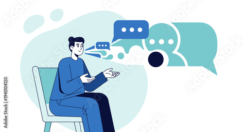 Man Sitting on Chair Communicating with Speech Bubbles, Dialogue and Conversation Concept