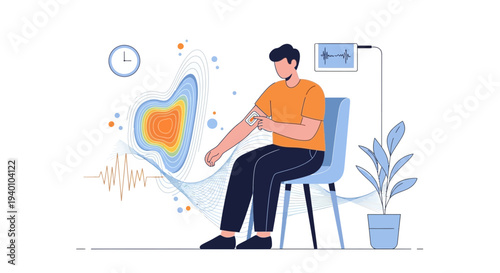 Man undergoing medical test with ECG monitor, visualizing health data and body signals