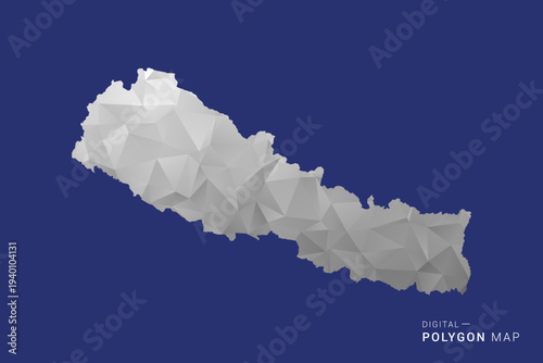 Nepal Map - Polygon White and Black map Style Vector Illustration, Low Poly Geometric Design, Isolated on blue Background.