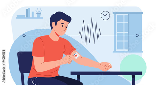 Man uses wearable sensor patch on arm for health monitoring and data tracking