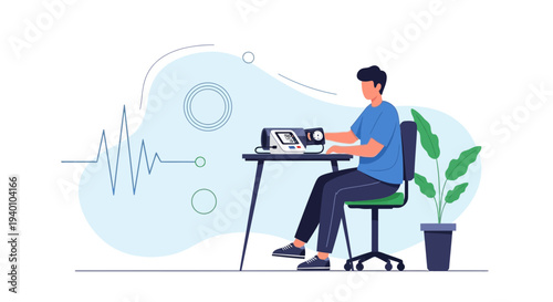 Man using medical equipment for health monitoring at home, EKG graph background