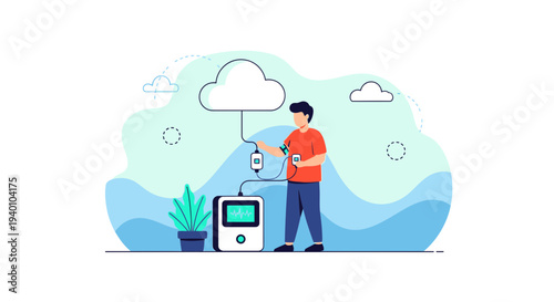 Man using smart health monitor connected to cloud for remote patient monitoring and telemedicine