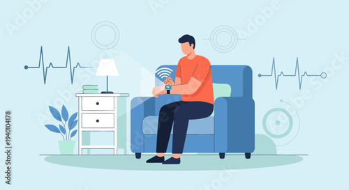 Man using smartwatch at home, health monitoring, technology concept