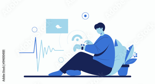 Man using smartwatch with health data, laptop, and plant in minimalist blue style