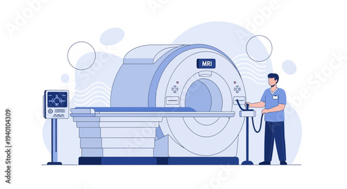 Medical MRI scanner with technician operating control panel in clinic, modern healthcare technology