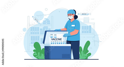 Medical worker in mask and gloves retrieves vaccine vials from cooler, healthcare concept