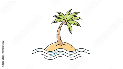 Simple vector illustration of a single green palm tree with coconuts standing on a small sandy island in the middle of blue waves.