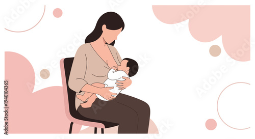 Mother breastfeeding her baby on a chair, gentle pastel background, nurturing bond