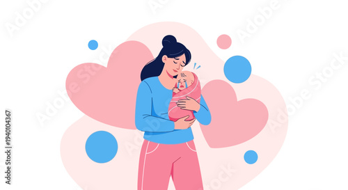 Mother holding baby with love, hearts and circles background, motherhood concept
