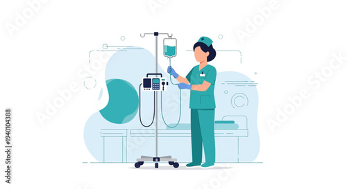 Nurse Adjusting IV Drip Infusion Pump in Hospital Room