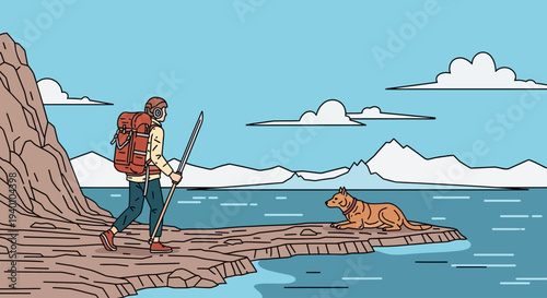 Outdoor adventure: Hiker and loyal dog companion explore a scenic rocky coastline with ocean and mountains under blue sky.