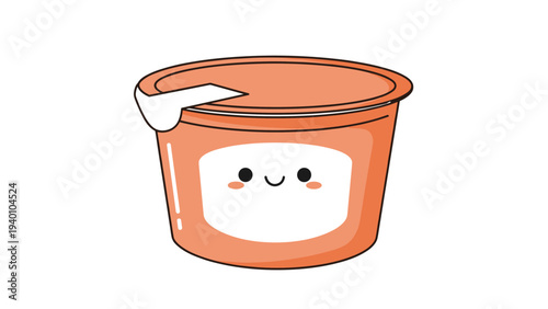 Cute and friendly cartoon character design of an orange yogurt container with a happy smiling face and rosy cheeks on white background.