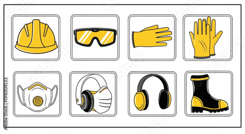 Workplace Safety Equipment Icons Set: Hard Hat, Safety Glasses, Gloves, Respirator Mask, Ear Defenders, Boots