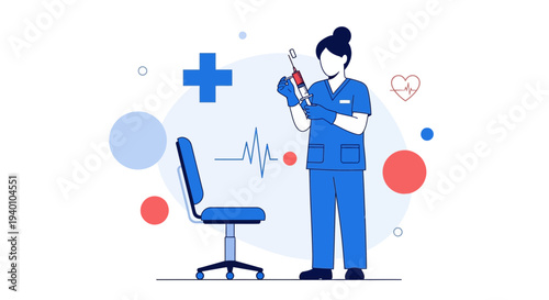 Nurse holding syringe with medical icons and heartbeat line, healthcare concept