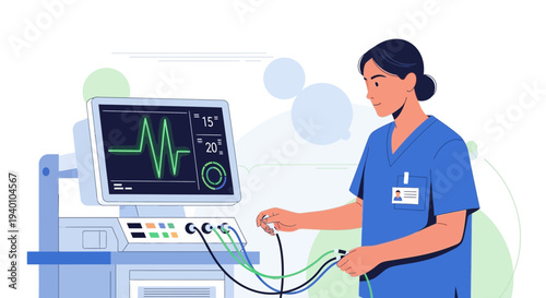Nurse monitoring patient vital signs on medical equipment with ECG display