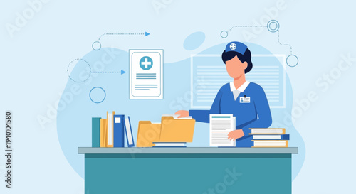 Nurse Organizing Medical Records and Files on Desk, Healthcare Administration Concept