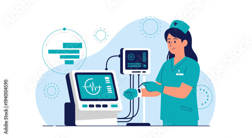 Nurse operating advanced medical equipment, healthcare technology, patient monitoring