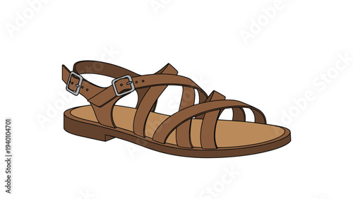 Realistic illustration of a pair of brown leather sandals with multiple straps and silver buckles isolated on a plain white background.