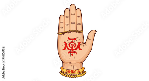Jainism Ahimsa hand symbol with intricate jewelry illustration. Traditional religious emblem of non-violence and peace on white background.