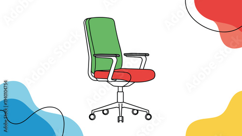 Modern office chair design with a bright green backrest and a red seat cushion against a white background with abstract colorful shapes.