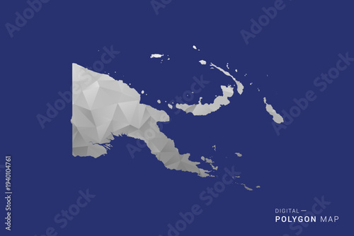 Papua New Guinea Map - Polygon White and Black map Style Vector Illustration, Low Poly Geometric Design, Isolated on blue Background.