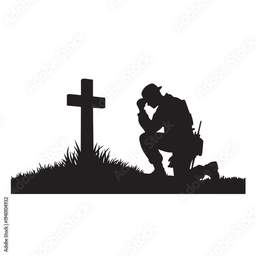 Black silhouette of soldier kneeling at cross grass