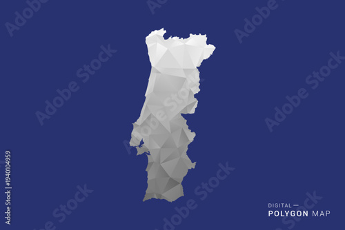Portugal Map - Polygon White and Black map Style Vector Illustration, Low Poly Geometric Design, Isolated on blue Background.