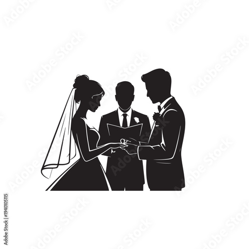 Black silhouette of wedding couple exchanging rings with officiant 1