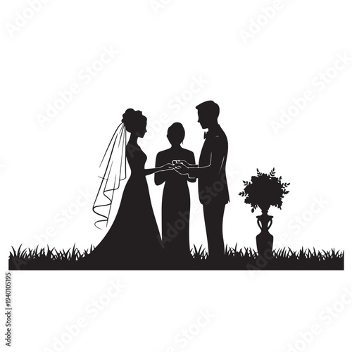 Black silhouette of wedding couple exchanging rings with officiant