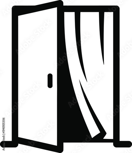 An open door with a partially torn curtain, viewed from outside.