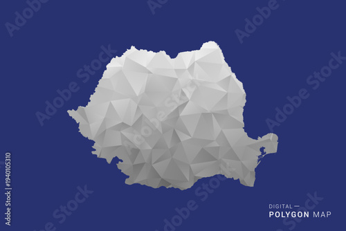 Romania Map - Polygon White and Black map Style Vector Illustration, Low Poly Geometric Design, Isolated on blue Background.