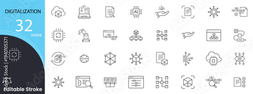 Digitalization related icons set. Including technology, data, transformation, automation, cloud, innovation, digital, and progress. Editable stroke