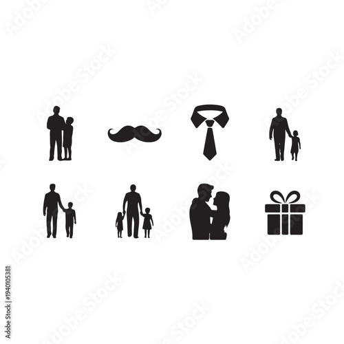 Black silhouette set of fathers and families with gift