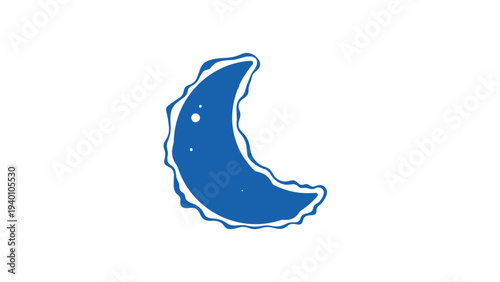 Blue crescent moon with a wavy outline and small craters depicted in a simple flat style against a white background for night concepts.
