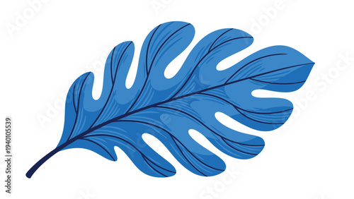 Detailed blue tropical monstera leaf illustration with dark veins and intricate line work perfect for botanical and nature inspired designs.