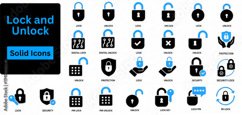Lock and Unlock solid icon set. Lock and unlock security icons - padlocks in both locked and unlocked states for data privacy showing protected, verified, and access states. Solid icons set. 