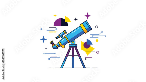 Colorful telescope illustration on a tripod surrounded by geometric shapes and stars representing astronomy, science, and space exploration.