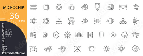 Microchip related icons set. Including semiconductor, processor, circuit, technology, electronic, chip, hardware, and computing. Editable stroke.