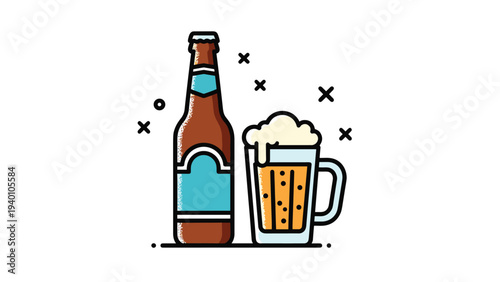 Illustration of a brown beer bottle and a full glass mug with thick white foam on a white background for pub and beverage themes.