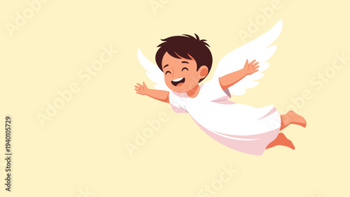 Joyful little angel boy with white wings flying through the air with arms wide open against a soft yellow background for religious themes.