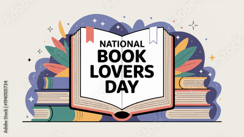 National book lovers day celebration with colorful books and leafy background