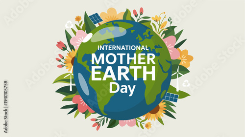 International mother earth day illustration with globe surrounded by colorful flowers and leaves on green background
