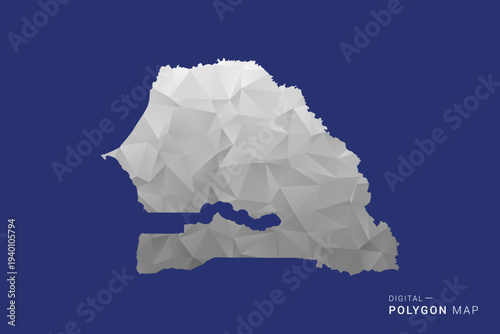 Senegal Map - Polygon White and Black map Style Vector Illustration, Low Poly Geometric Design, Isolated on blue Background.
