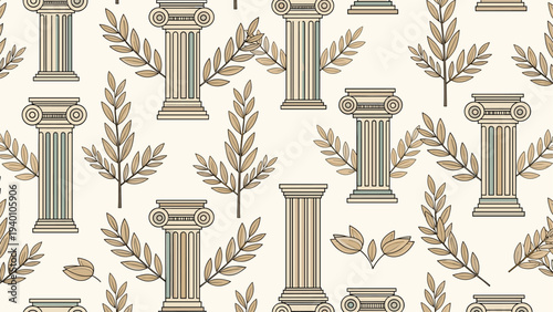 Seamless pattern featuring classical Greek columns and olive branches in a neutral color palette for history and architectural themes.
