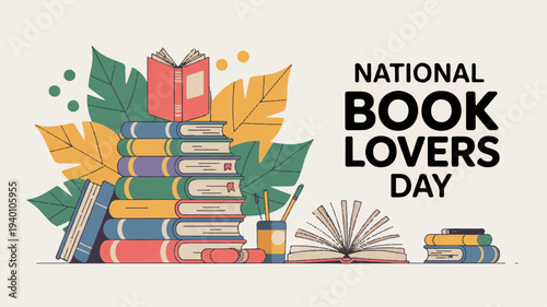 National book lovers day celebration with stacked books and leaves on a beige background
