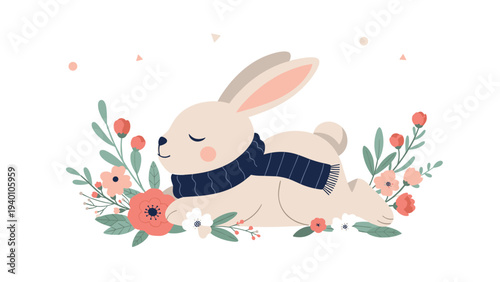 Cute white bunny with a blue scarf sleeping peacefully among colorful spring flowers and greenery on a plain white background.