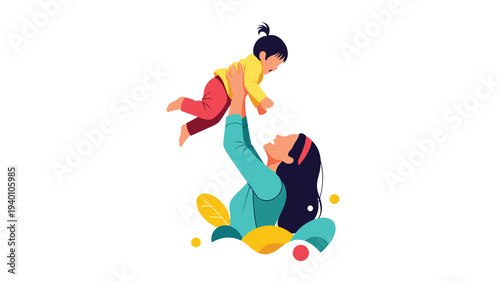Loving mother lifting her happy small child in the air with colorful abstract leaves and shapes in the background for a family theme.